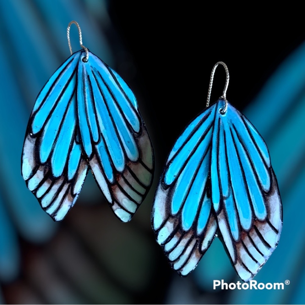 Handpainted, blue turquoise butterfly wing earrings, sterling wires OOAK insects